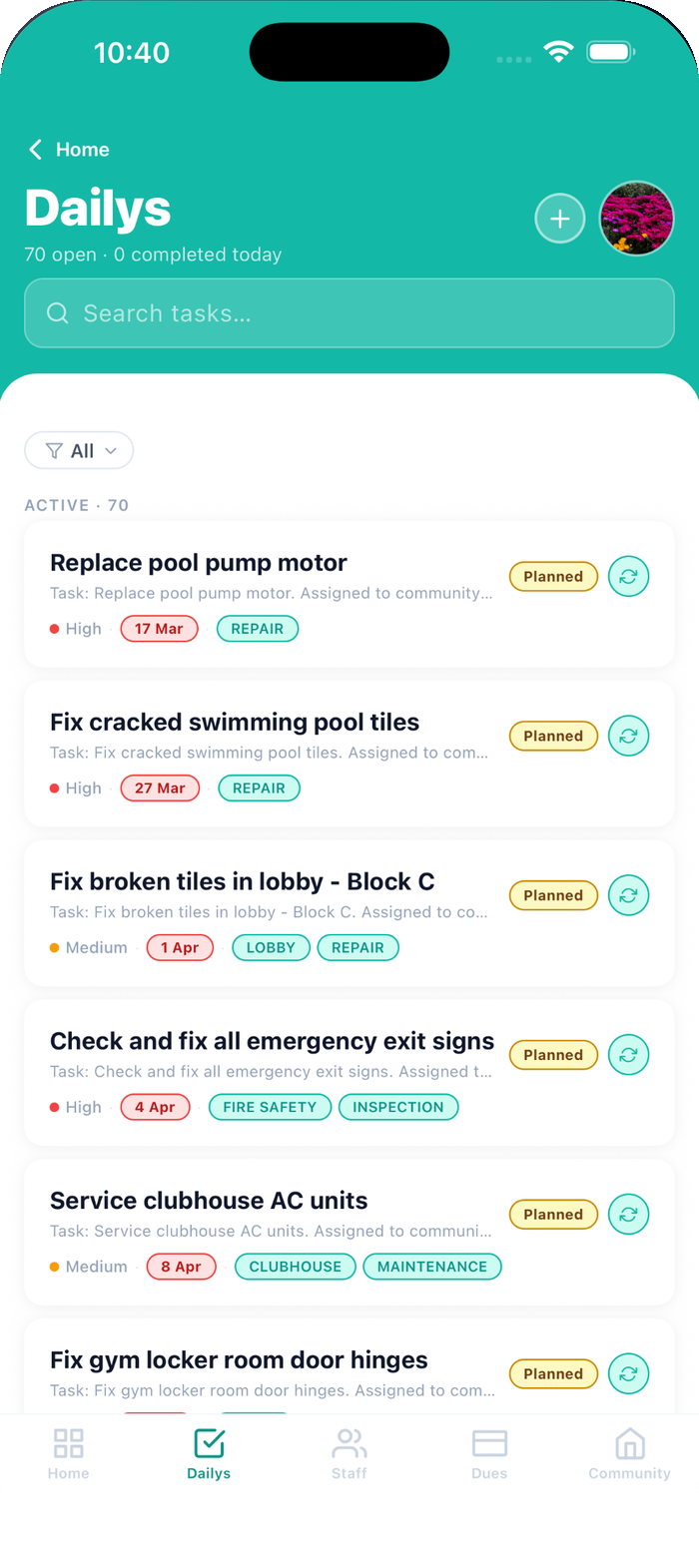CommCorner app screenshot — Dailys — operational tasks with priority, due dates, tags and a full audit trail of every status change.