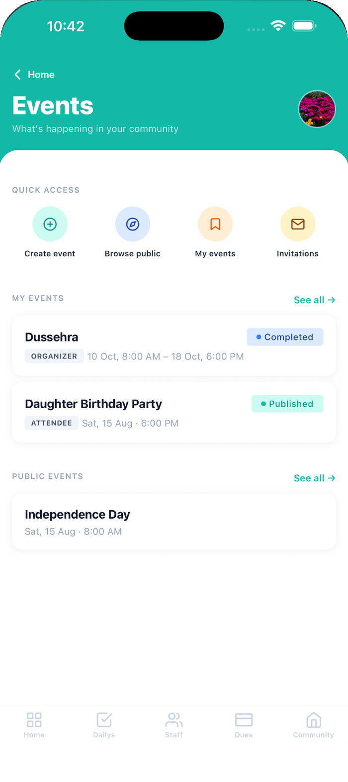 CommCorner app screenshot — Community events — public society-wide and private invite-only, with registrations, companions and expense tracking.