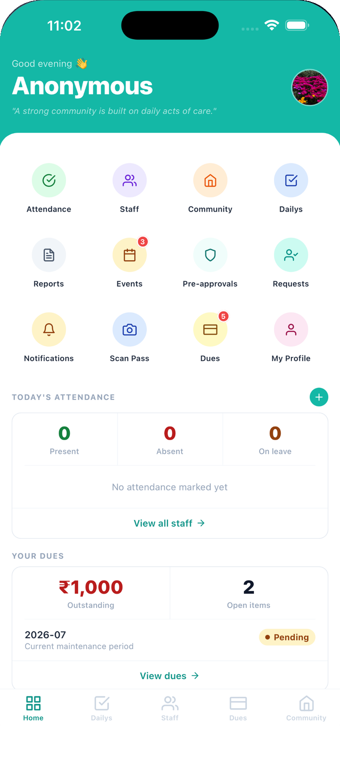 CommCorner app screenshot — The Home dashboard: every module one tap away, with today’s attendance and your dues summarised underneath.